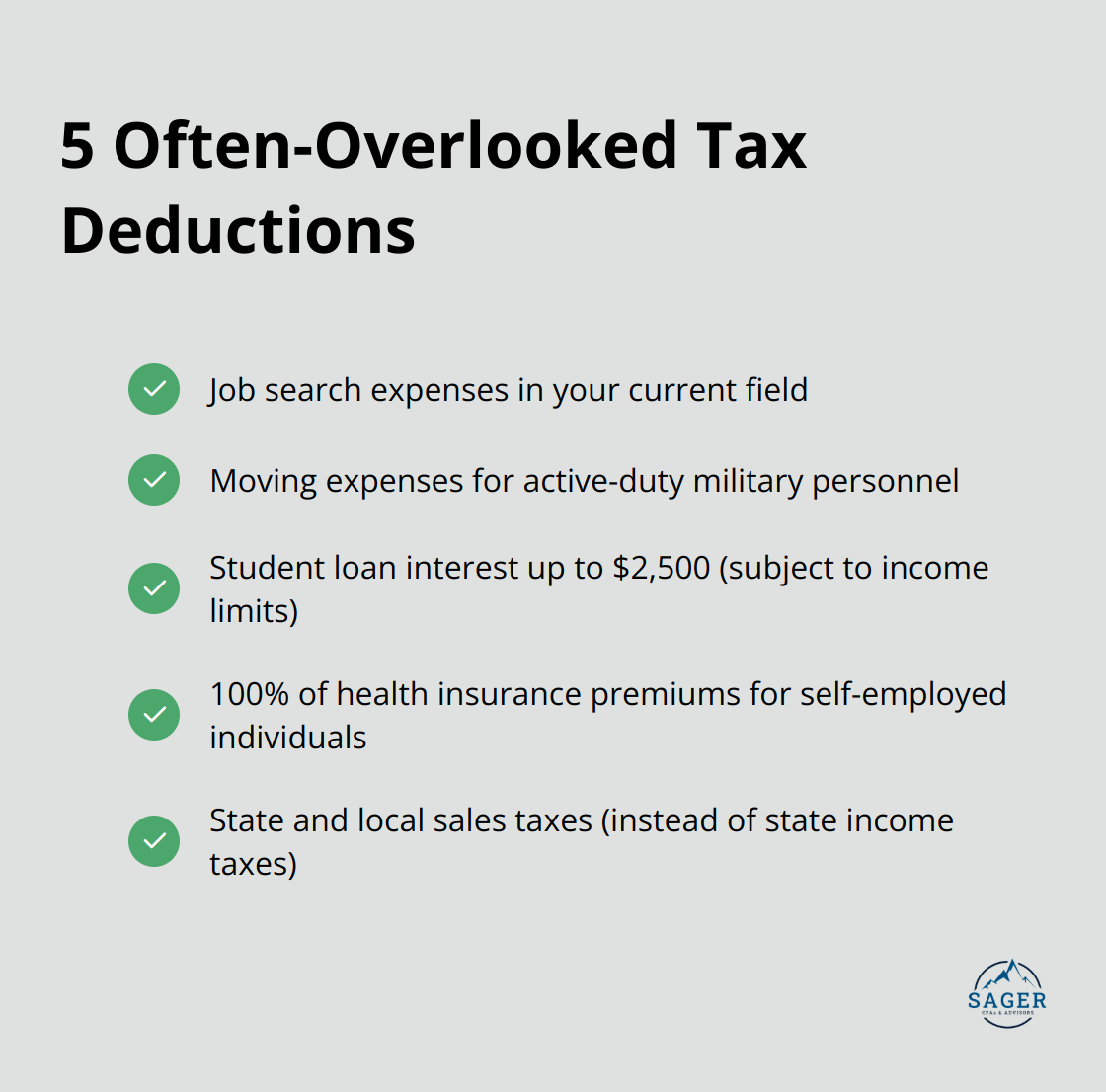 Checklist of five frequently overlooked tax deductions: job search expenses, moving expenses for military, student loan interest, self-employed health insurance, and state sales tax. - income tax reduction strategies