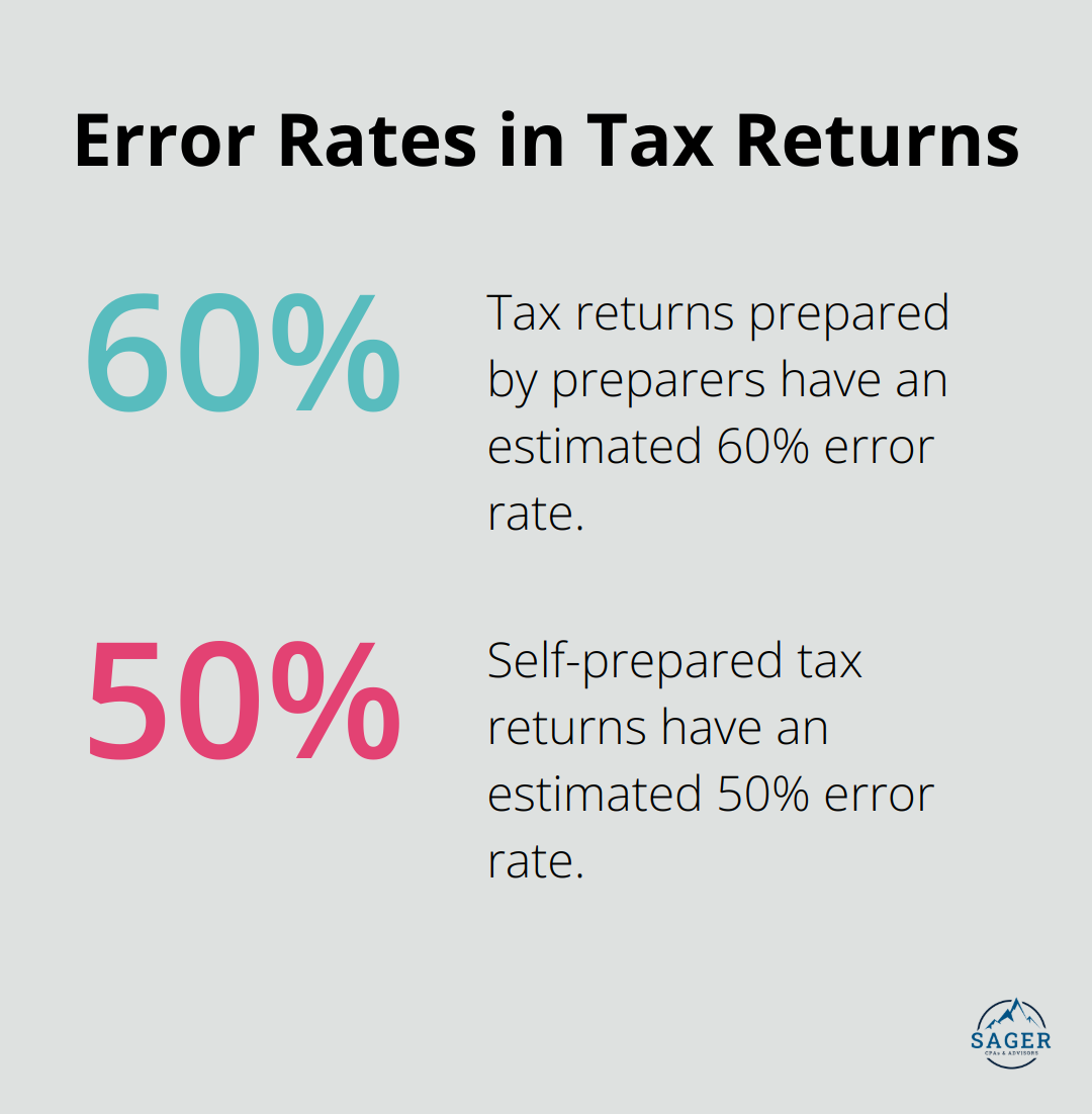 Chart showing 60% error rate for preparer-prepared tax returns and 50% for self-prepared returns - proactive tax strategies
