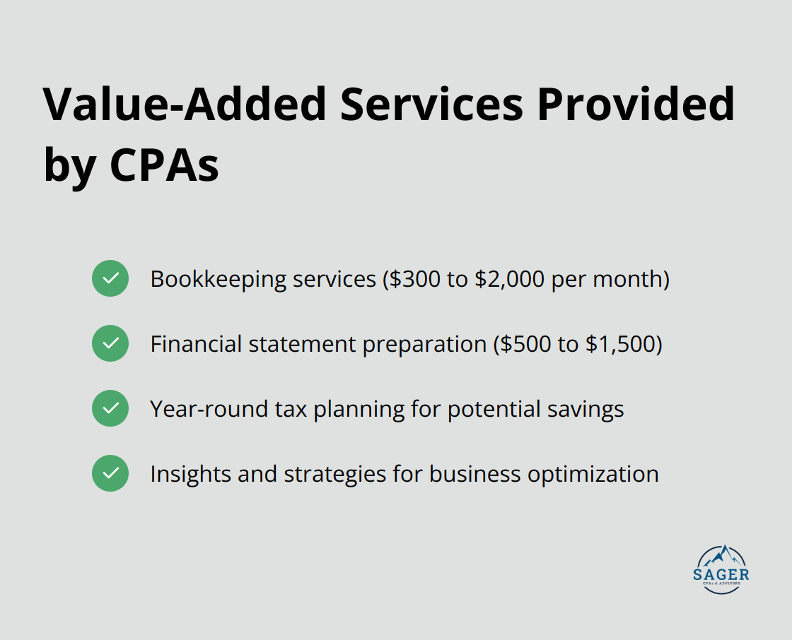 A checklist of additional services CPAs offer beyond tax preparation, including bookkeeping, financial statement preparation, and year-round tax planning.