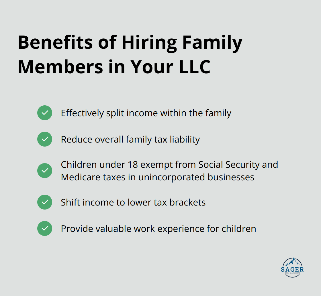Checkmark list showing benefits of hiring family members in an LLC