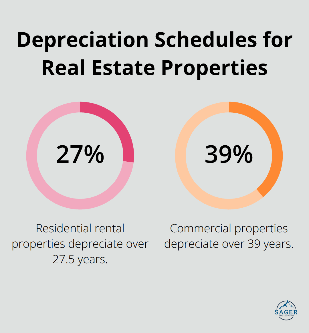Chart showing depreciation schedules: 27.5 years for residential rental properties and 39 years for commercial properties - tax planning for real estate
