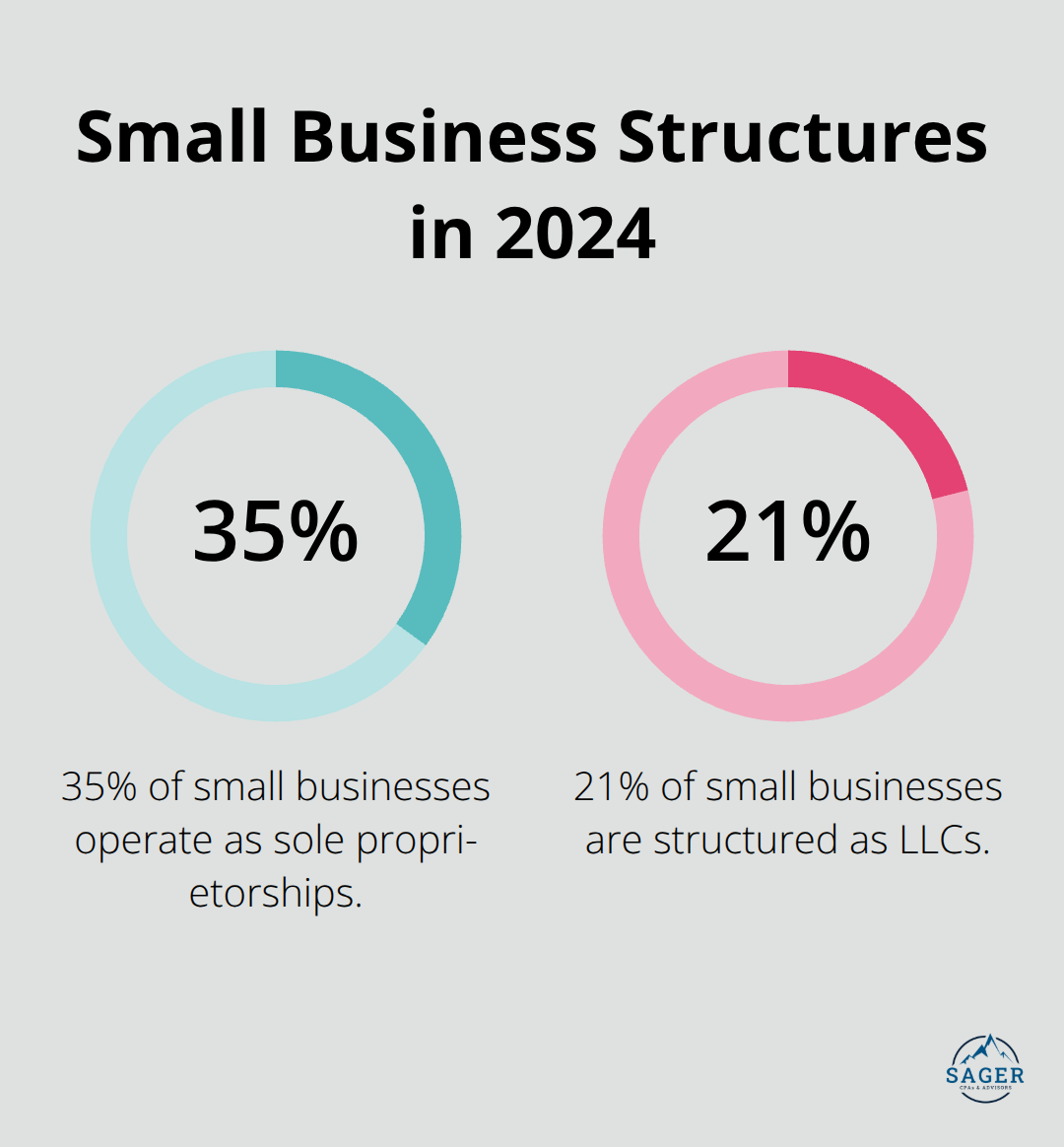Pie chart showing the distribution of small business structures: 35% sole proprietorships, 21% LLCs, and 44% other structures