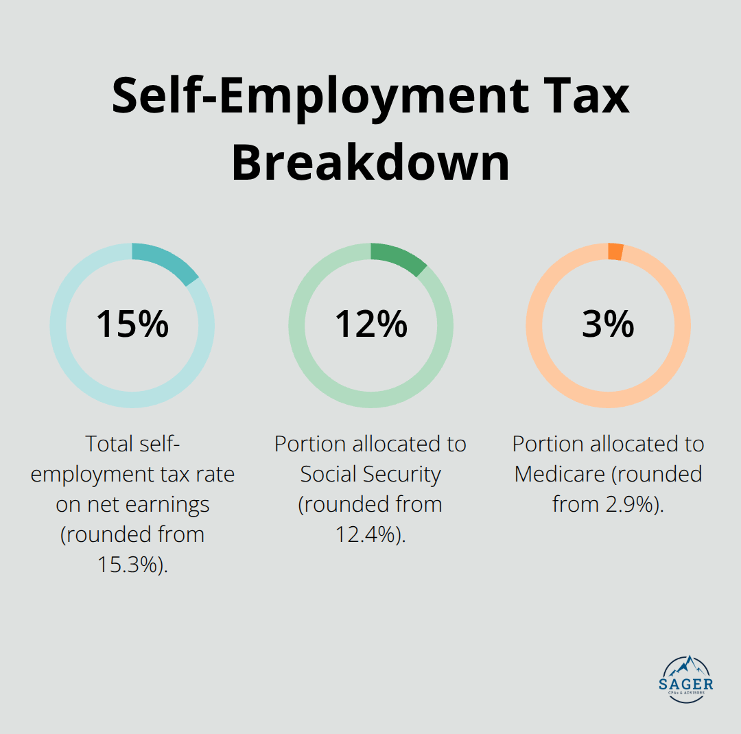 Breakdown of the 15.3% self-employment tax into Social Security (12.4%) and Medicare (2.9%).