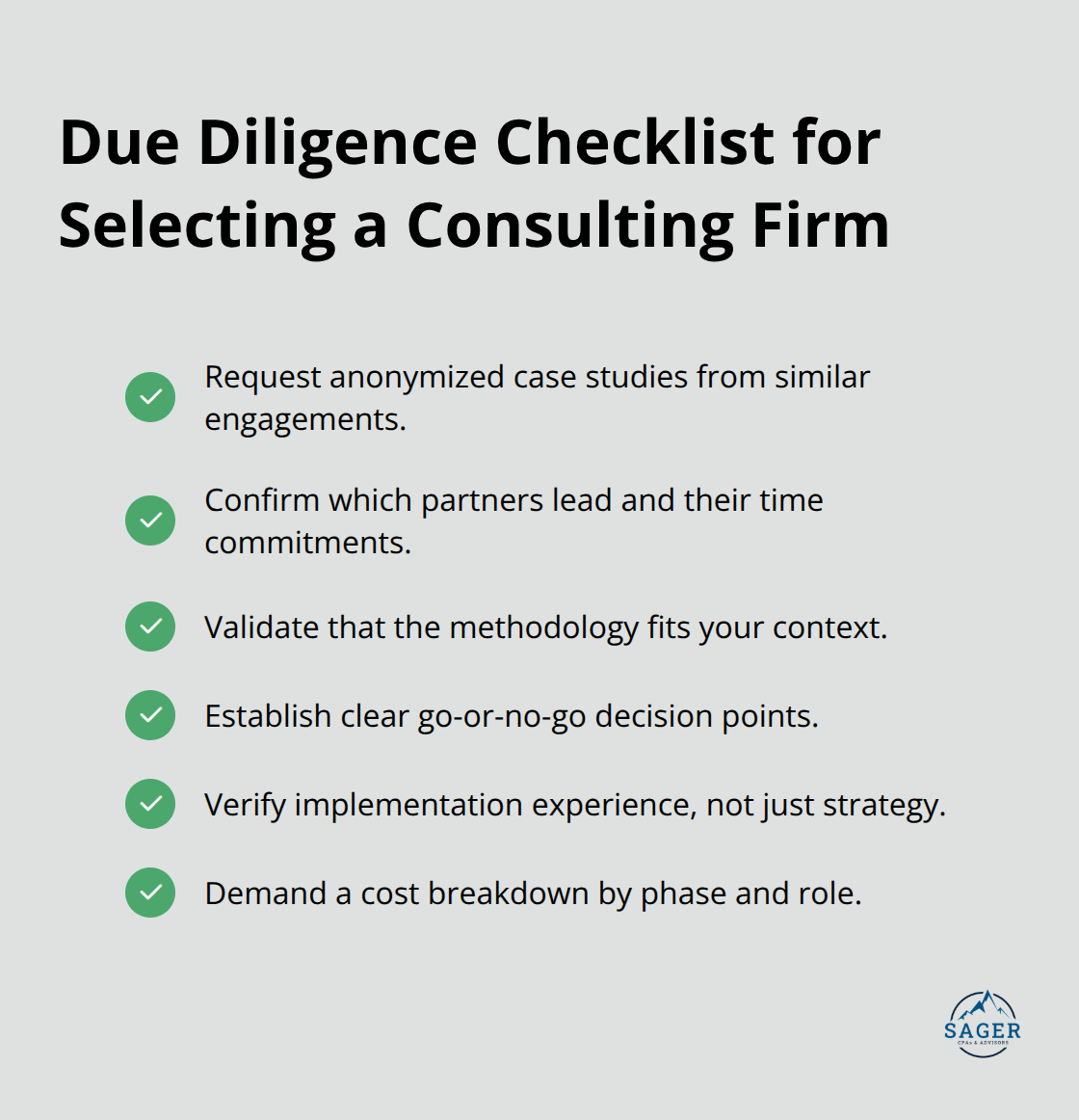 Checklist of key steps to verify fit, expertise, and methodology before hiring a consulting firm - business strategy consulting firms