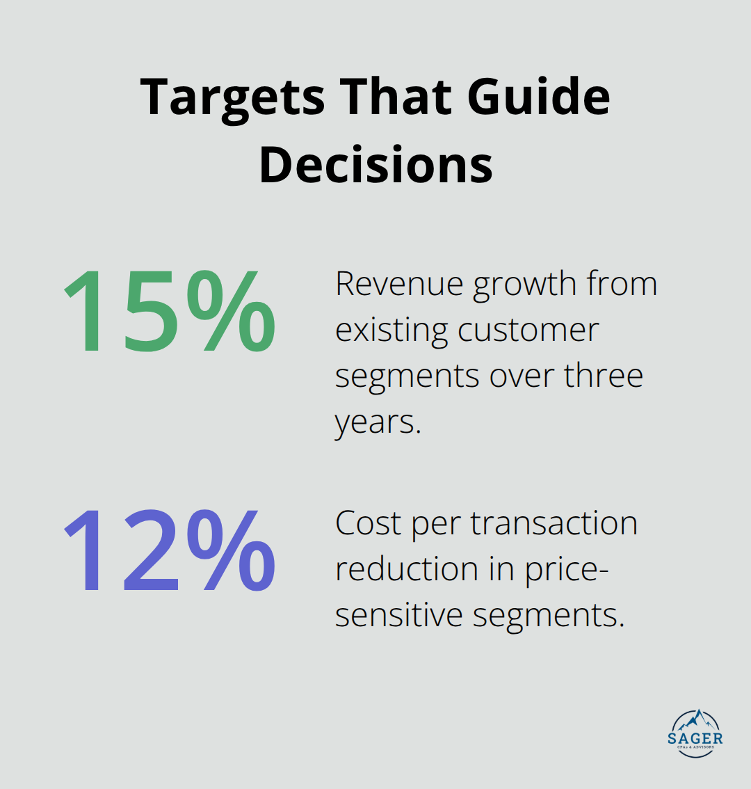 Percentage targets cited in the strategy objectives: 15% revenue growth and 12% cost reduction.