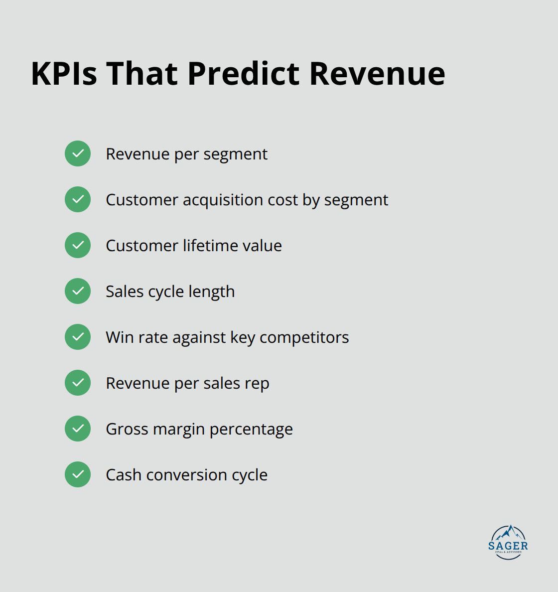 Checklist of revenue-focused KPIs including segment revenue, CAC, CLV, and key operational metrics. - business strategy template