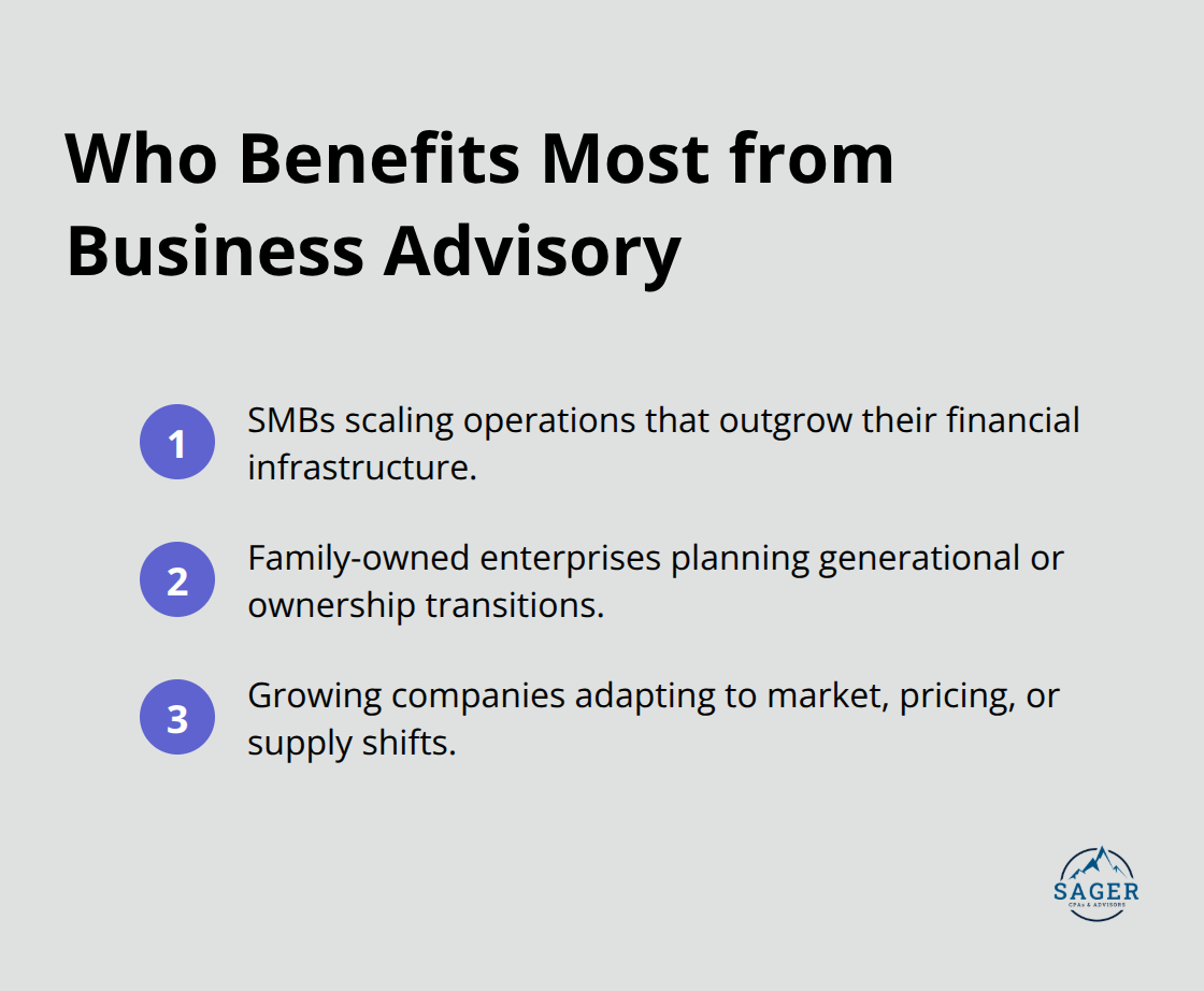 Compact list of business types that gain the most from advisory services.