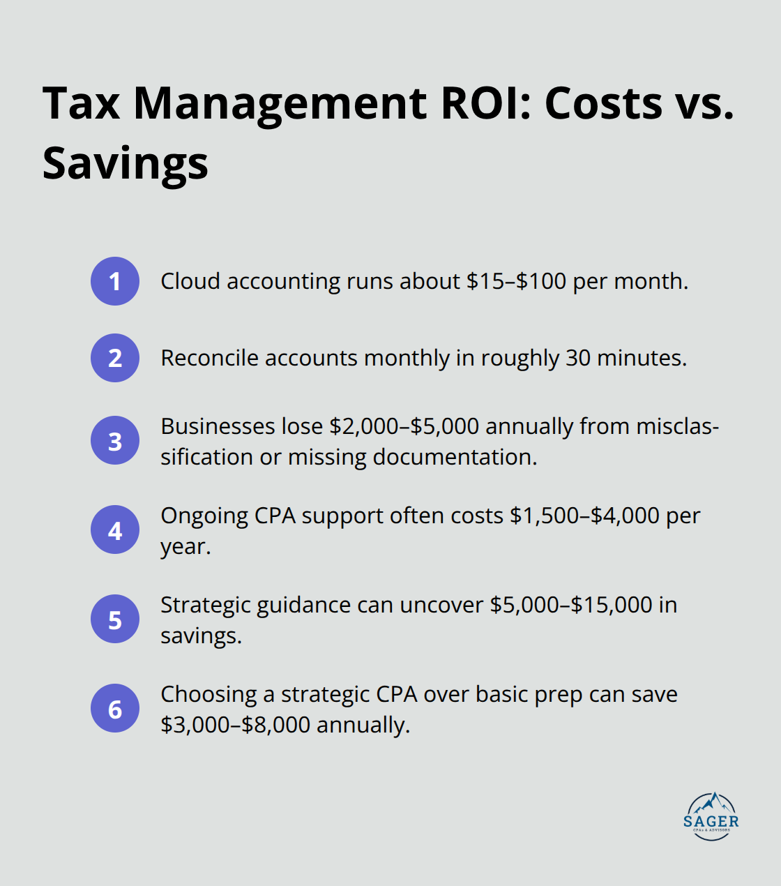 Compact list summarizing software costs, time investment, CPA fees, and typical savings for U.S. small businesses. - Taxes for small business