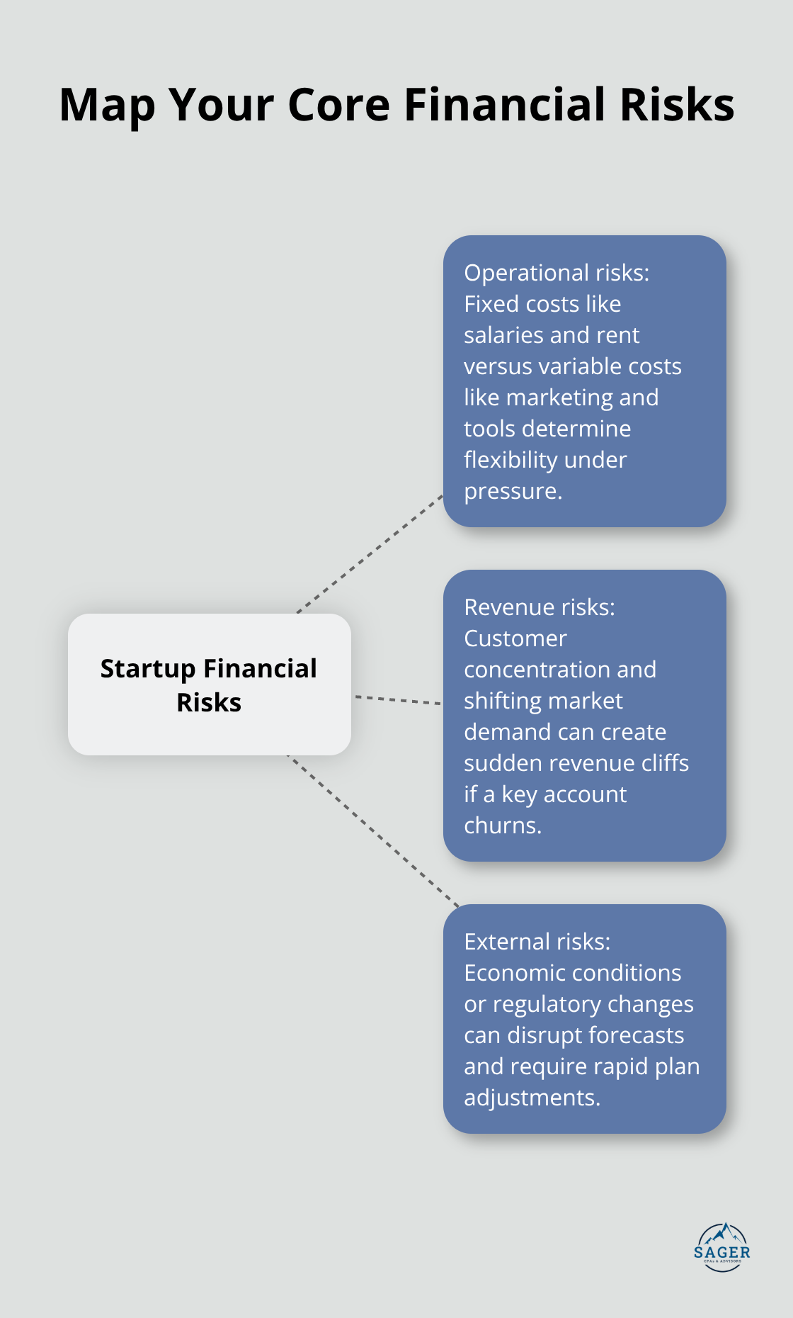 Hub-and-spoke diagram with operational, revenue, and external risk categories for startups. - startups financial risk planning
