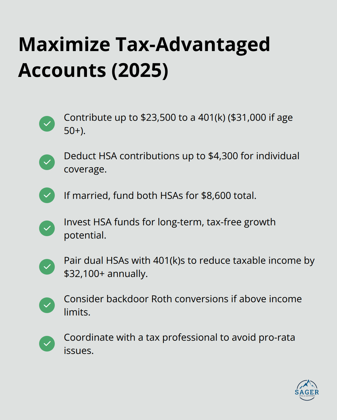 Checklist of 2025 retirement and health account moves to reduce taxable income. - tailored tax strategy plans