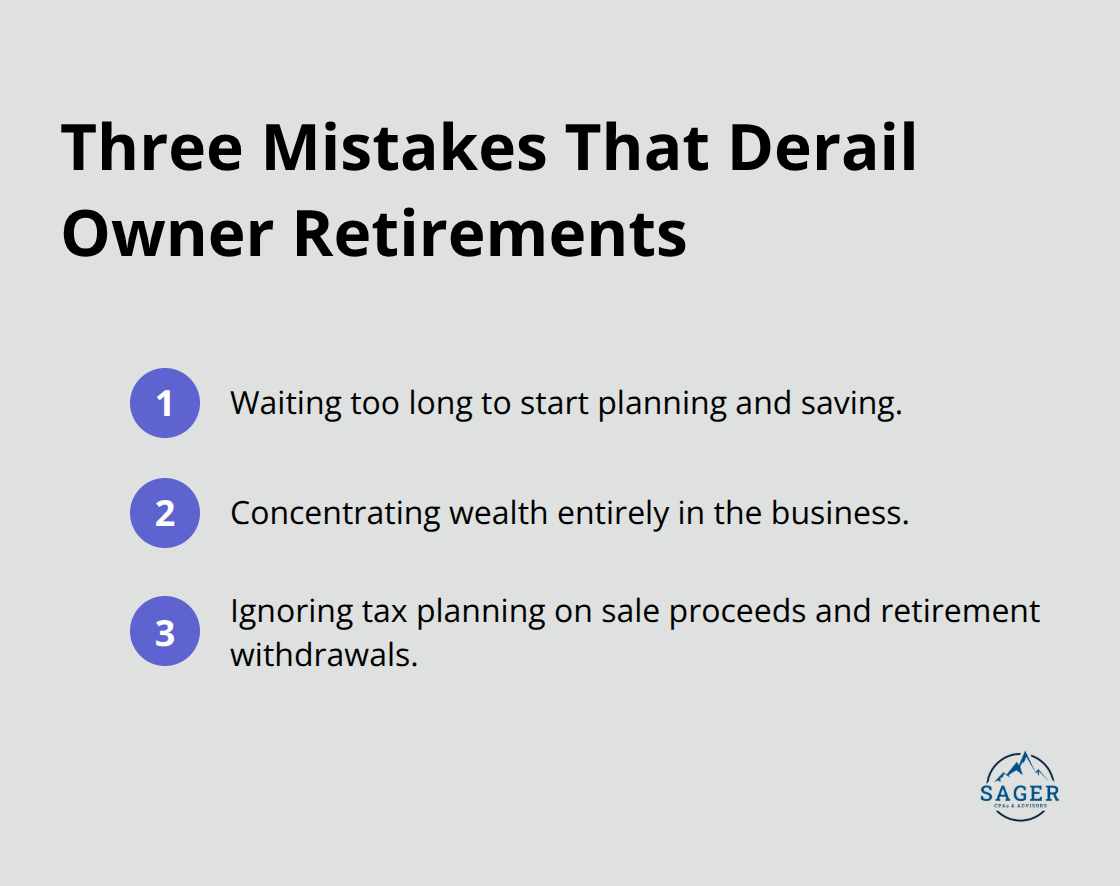 Compact list of the three most common retirement planning mistakes for business owners.
