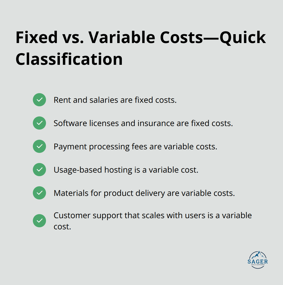 Checkmark list of examples to classify startup costs as fixed or variable - startup financial planning