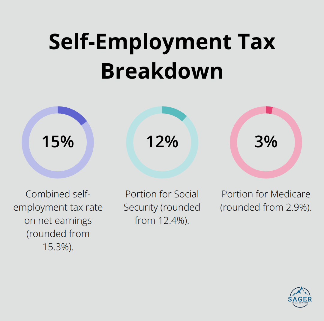 Breakdown of self-employment tax: 15.3% total with 12.4% Social Security and 2.9% Medicare - tax planning freelancers