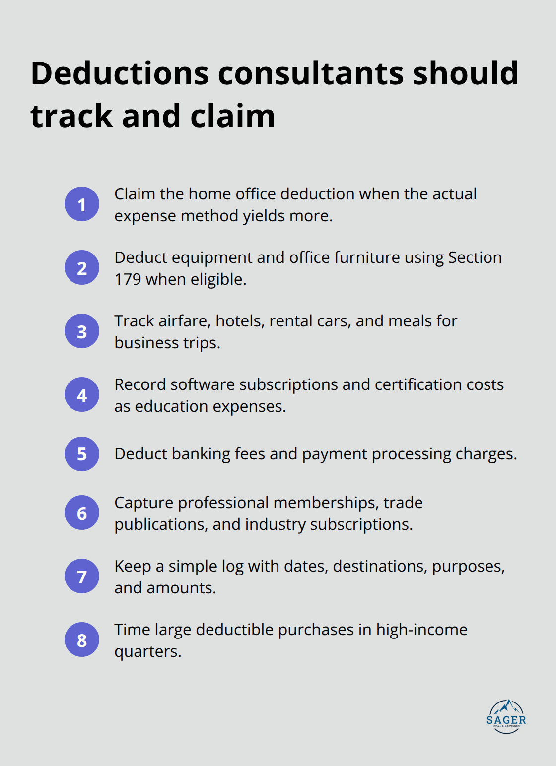 Compact checklist of deductible categories for U.S. consultants to capture consistently. - Tax planning for consultants