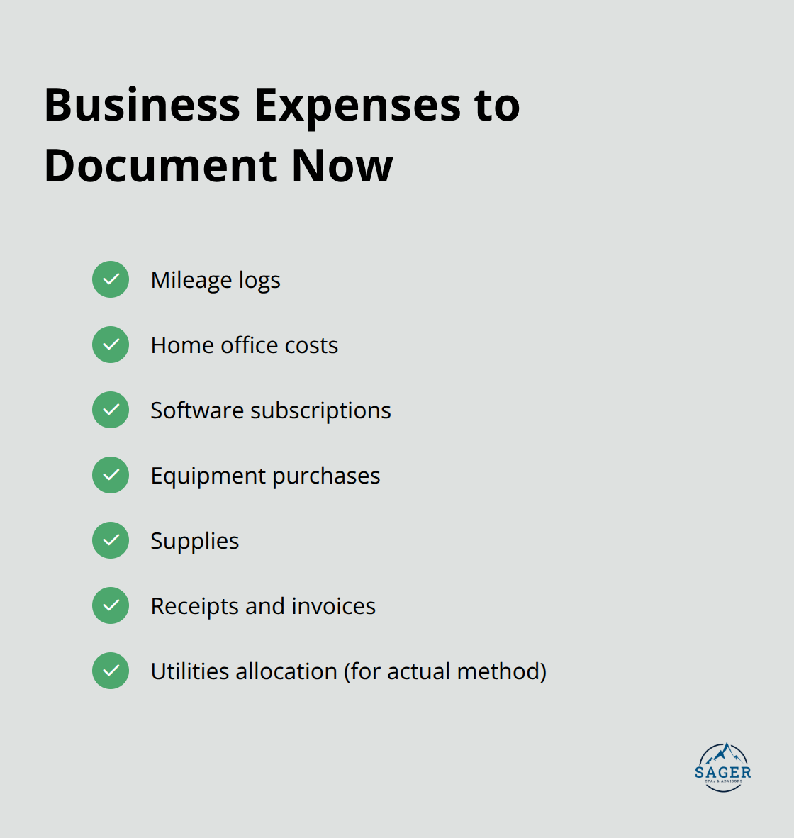 Checklist of common deductible business expense categories to track during the year
