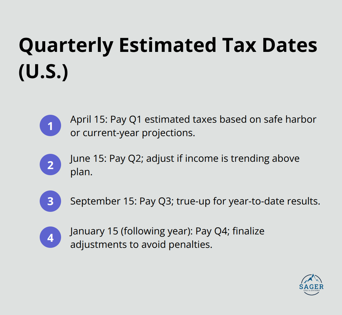 Ordered list of quarterly estimated tax due dates for U.S. business owners with brief guidance. - Tax strategy for owners