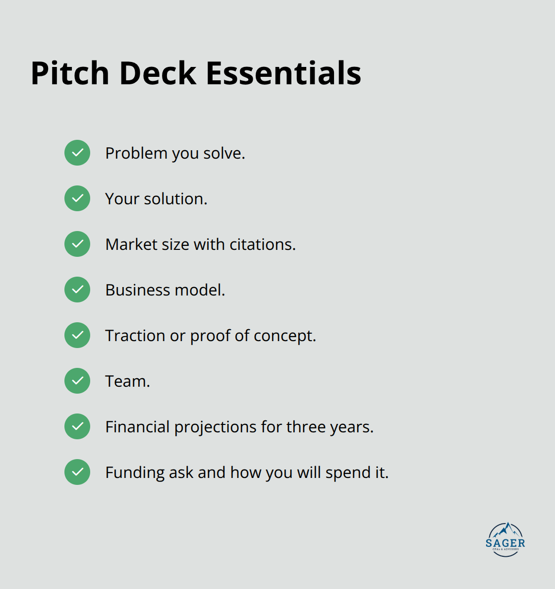 Checklist of the core slides investors expect in a startup pitch deck. - startup funding planning